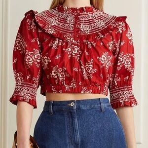 NWOT Sea NY Alessia Print Puff Sleeve Cropped Top - Red - XXS